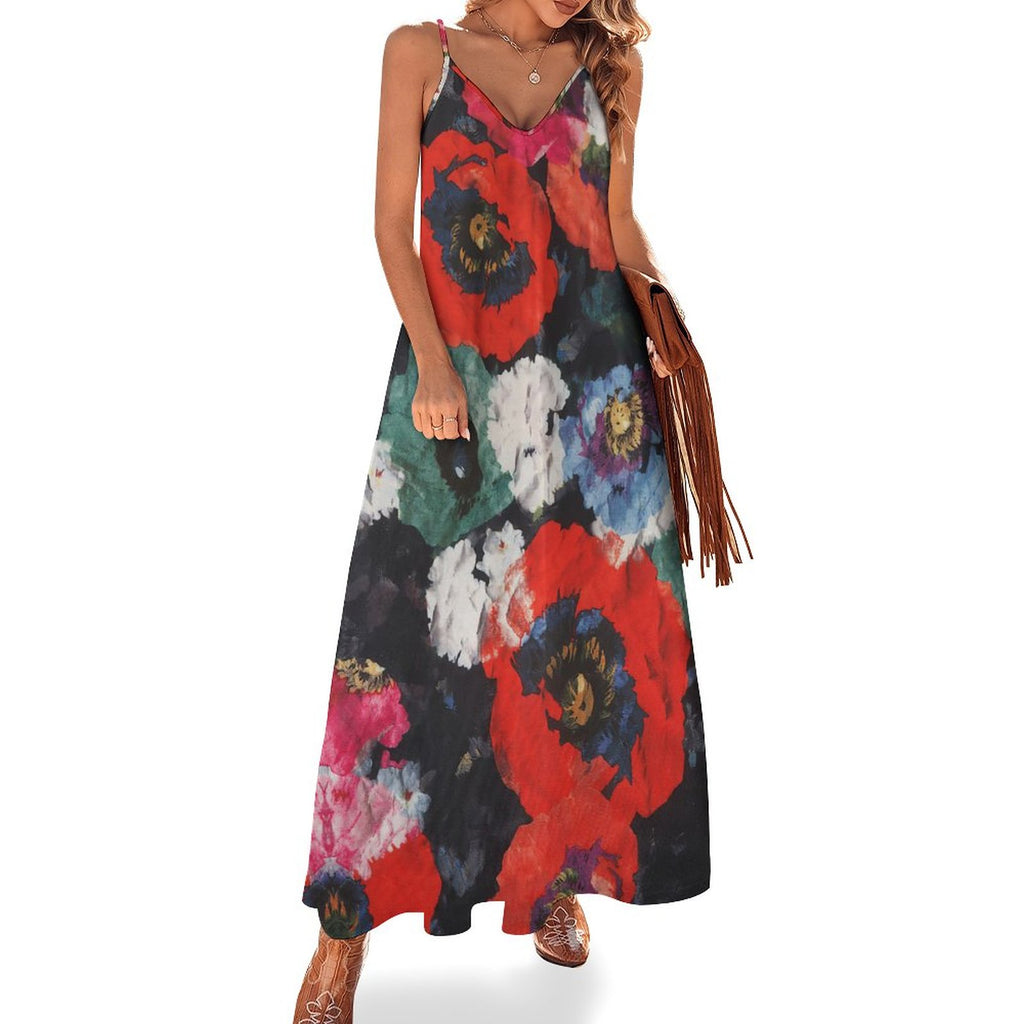 Summer Retro Artistic Red Floral Print Spaghetti Strap Maxi Dress | V-Neck Casual Flowy Ankle-Length Beach Sundress