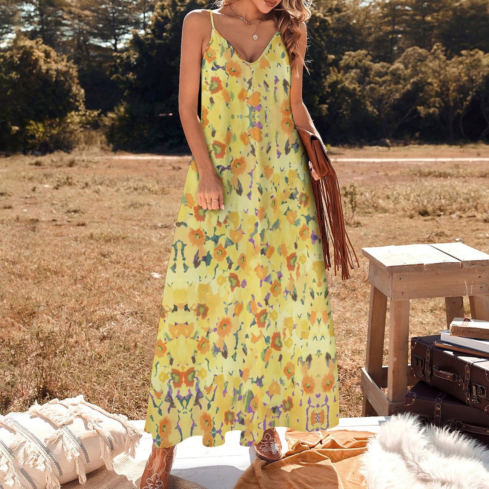 Summer Bohemian Sunflower Print Spaghetti Strap Maxi Dress | V-Neck Casual Flowy Ankle-Length Beach Sundress