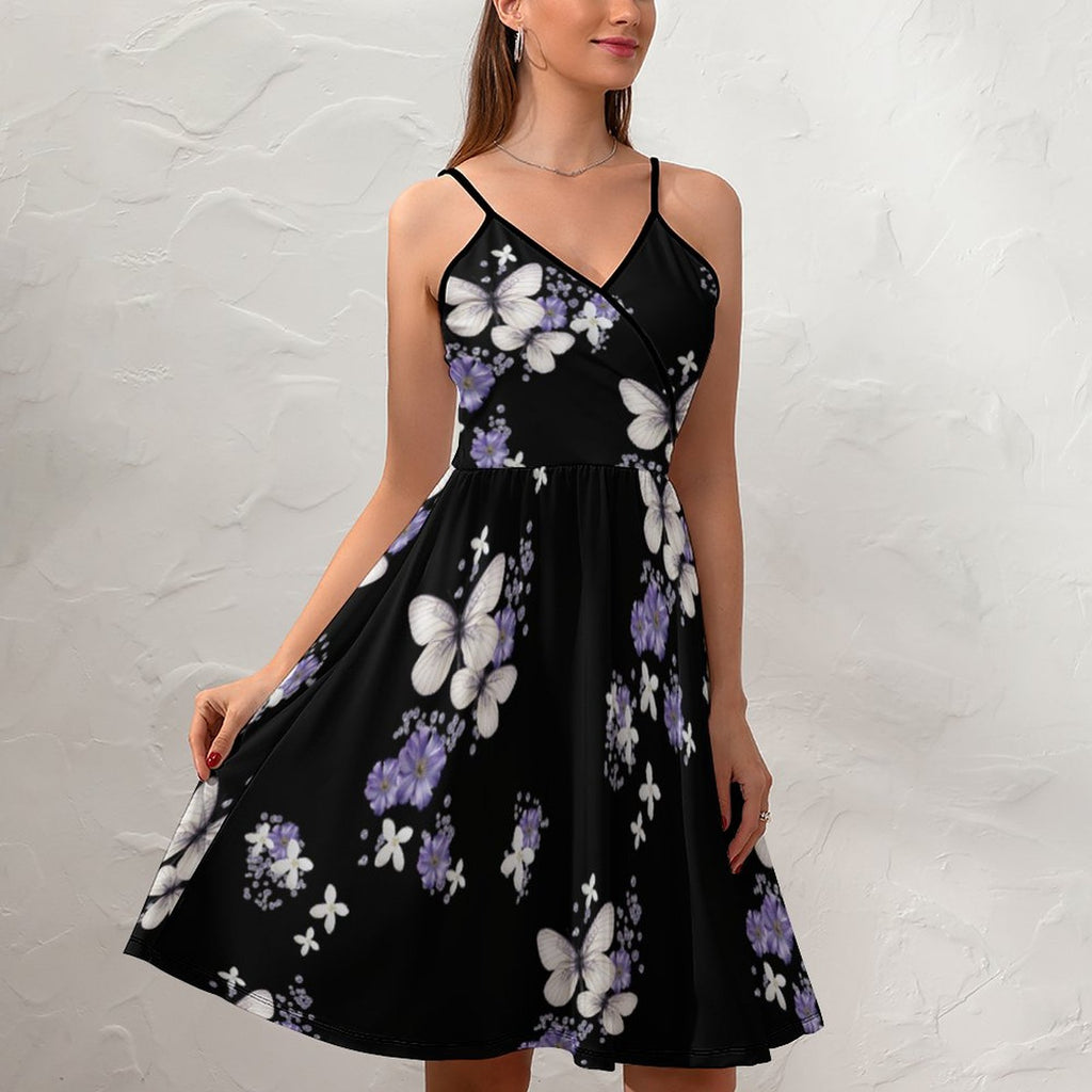 Butterfly & Floral Print V-Neck Cami Dress - Elegant Summer Ruffle Hem Mini Dress