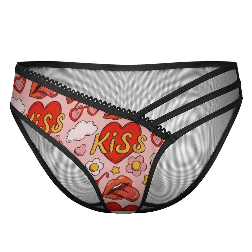 Women's Strappy Low-Rise Panties - Sexy Milk Silk & Mesh Lingerie with "KISS" Heart Print, Elastic Cut-out Briefs