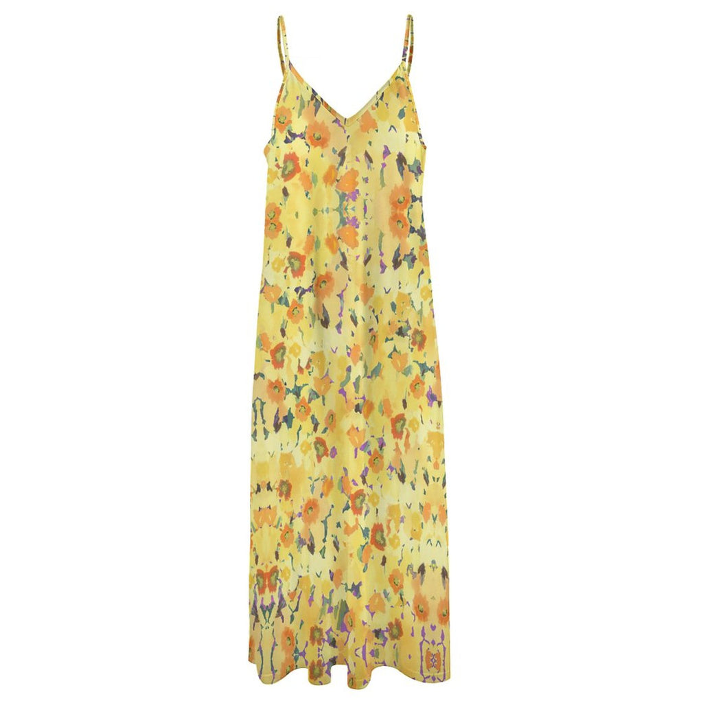 Summer Bohemian Sunflower Print Spaghetti Strap Maxi Dress | V-Neck Casual Flowy Ankle-Length Beach Sundress