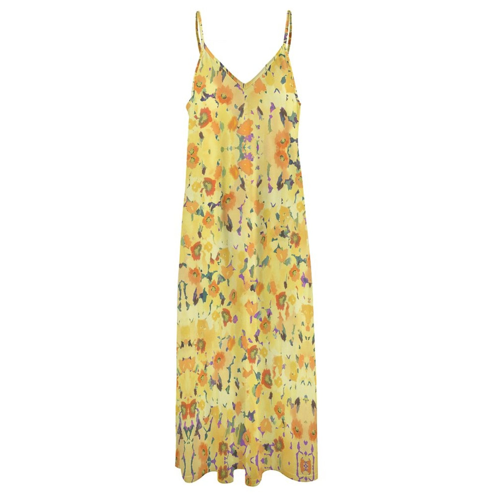 Summer Bohemian Sunflower Print Spaghetti Strap Maxi Dress | V-Neck Casual Flowy Ankle-Length Beach Sundress