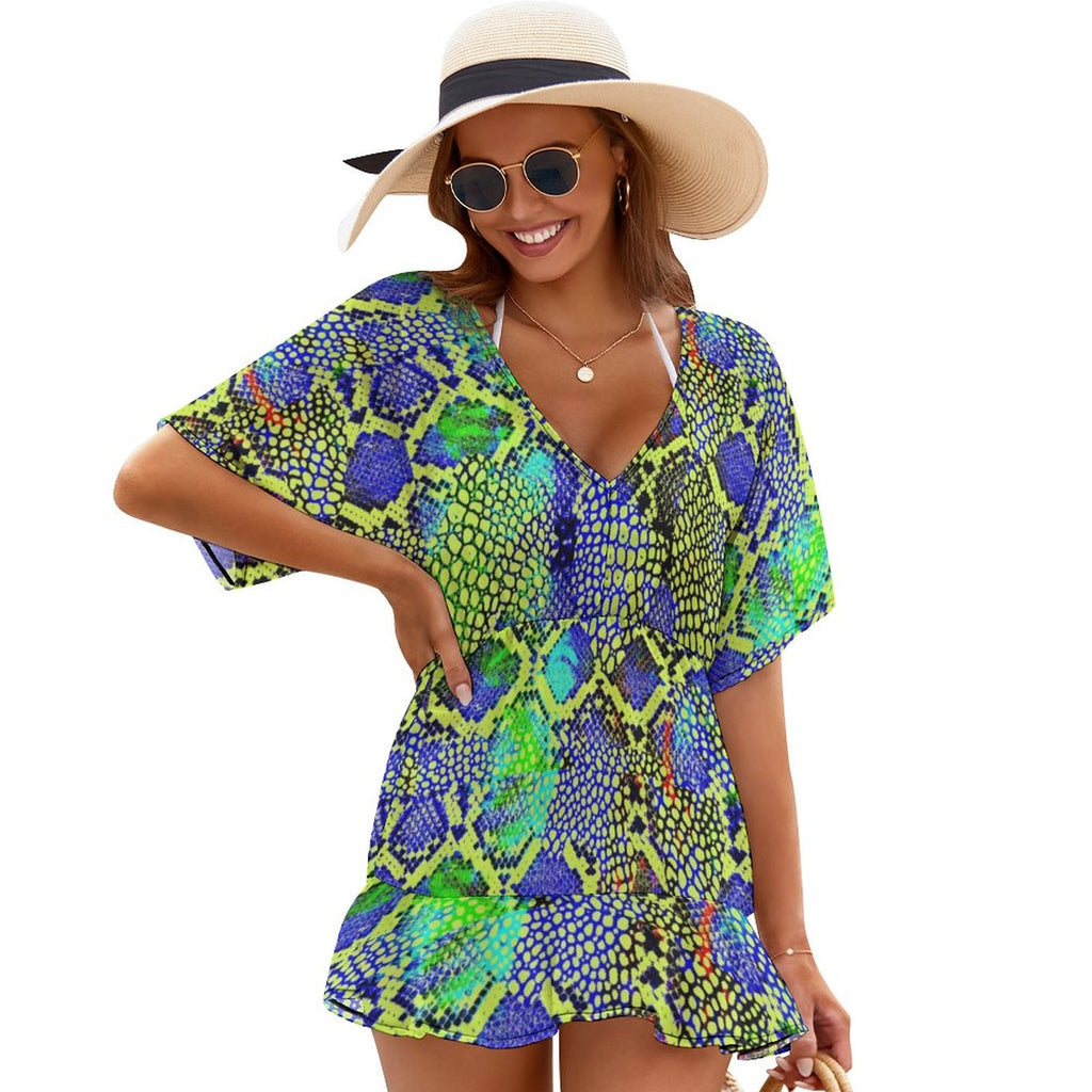 Snakeskin Print V-Neck Ruffle Hem Beach Cover-up Dress | Summer Bikini Swimsuit Cover Up
