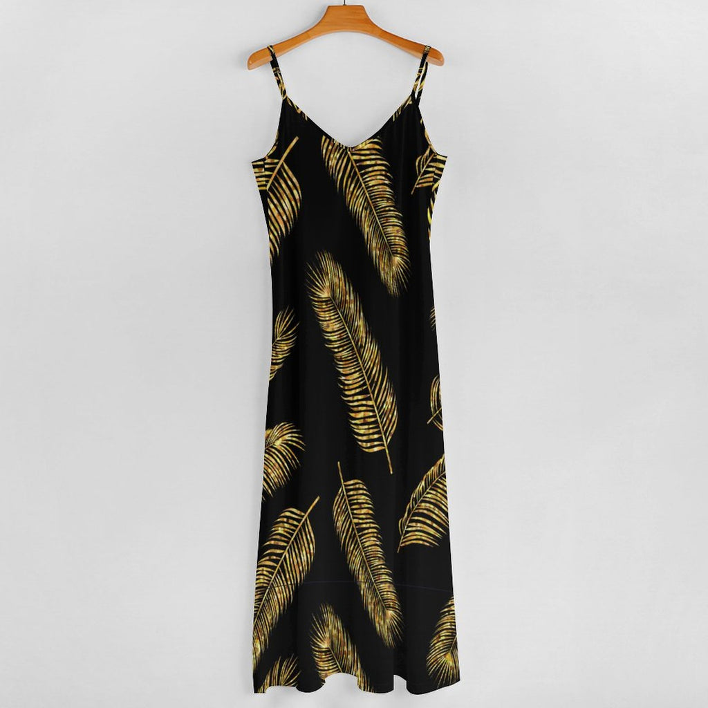 Gilded Palm Leaf Print V-Neck Spaghetti Strap Maxi Dress