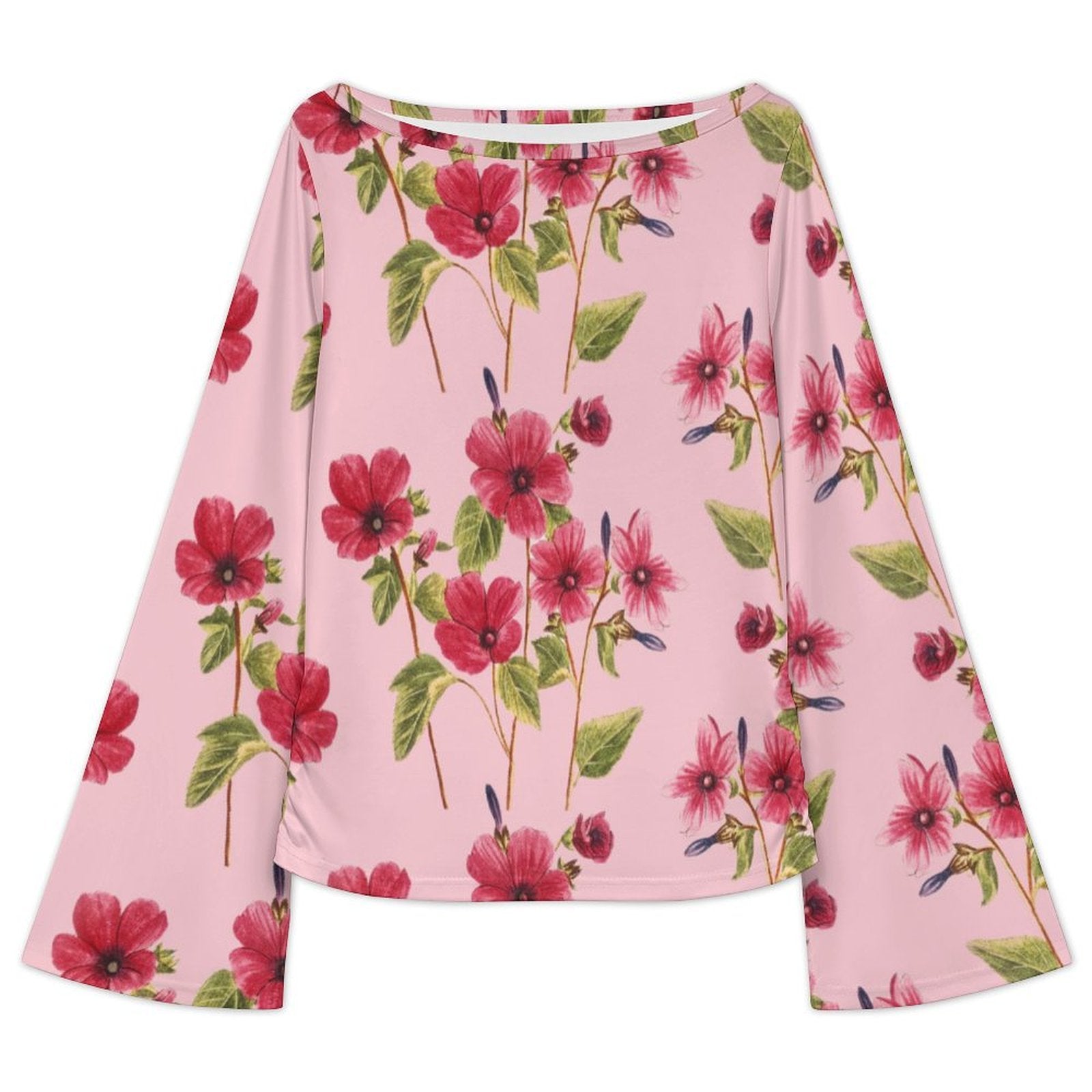 Women's Elegant Floral Print Boat Neck Bell Sleeve T-Shirt - Spring/Summer Chic Casual Top