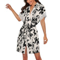 Women's Elegant Botanical Leaf Print Robe with Lace Trim, Short Sleeve Belted Loungewear