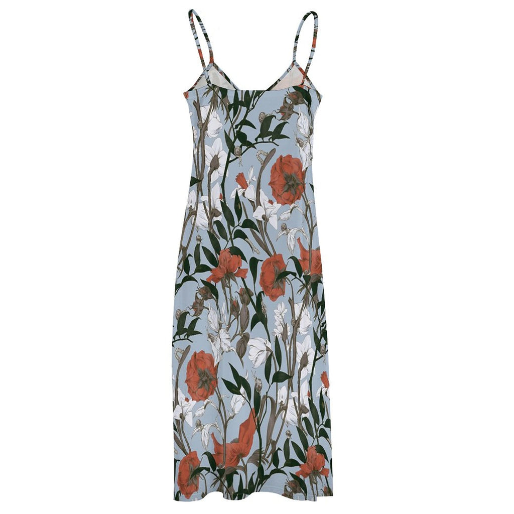 Vintage Floral Print V-Neck Spaghetti Strap Maxi Dress Summer Beach Bohemian Ankle-Length Gown