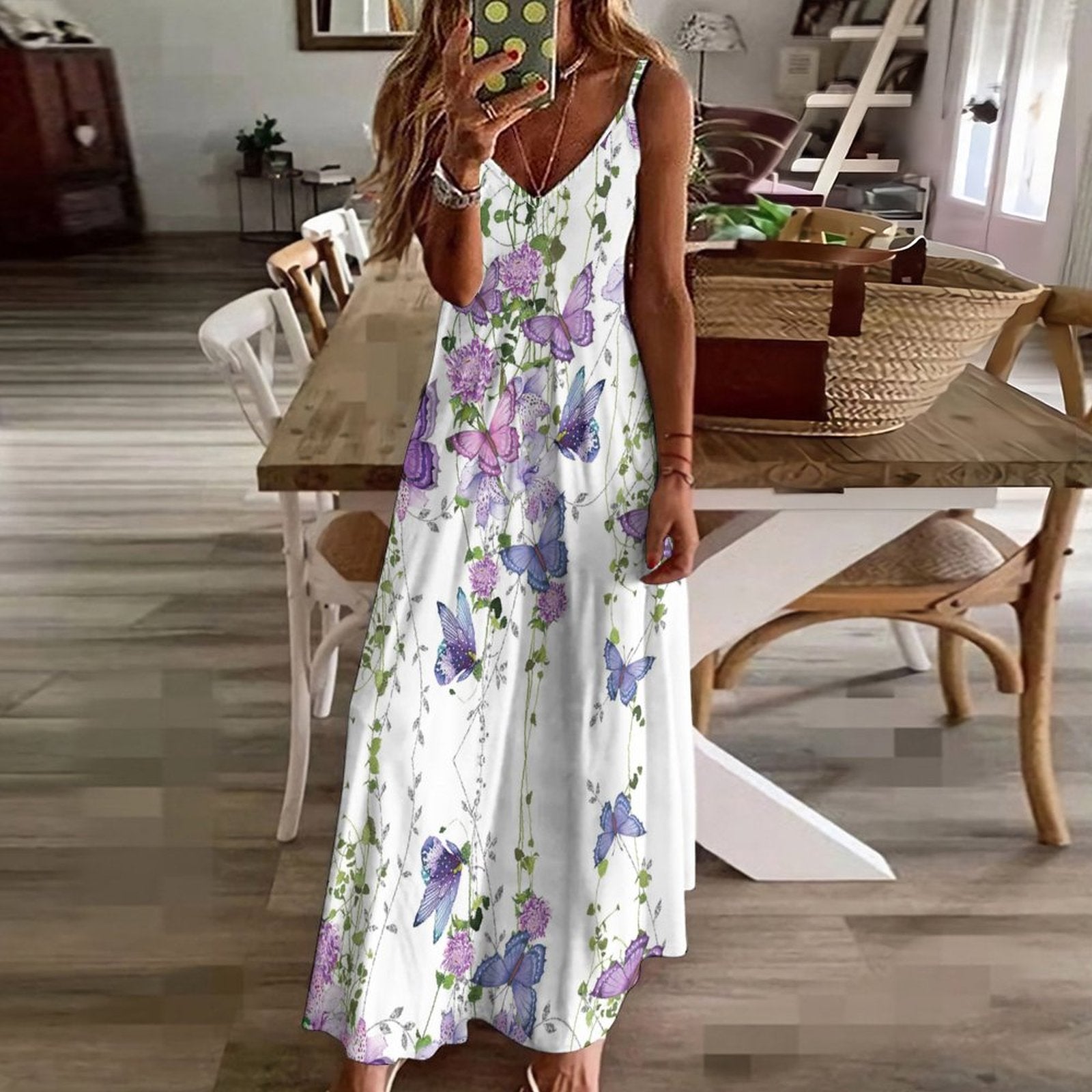 Whimsical Garden Butterfly & Floral Print V-Neck Spaghetti Strap Maxi Dress