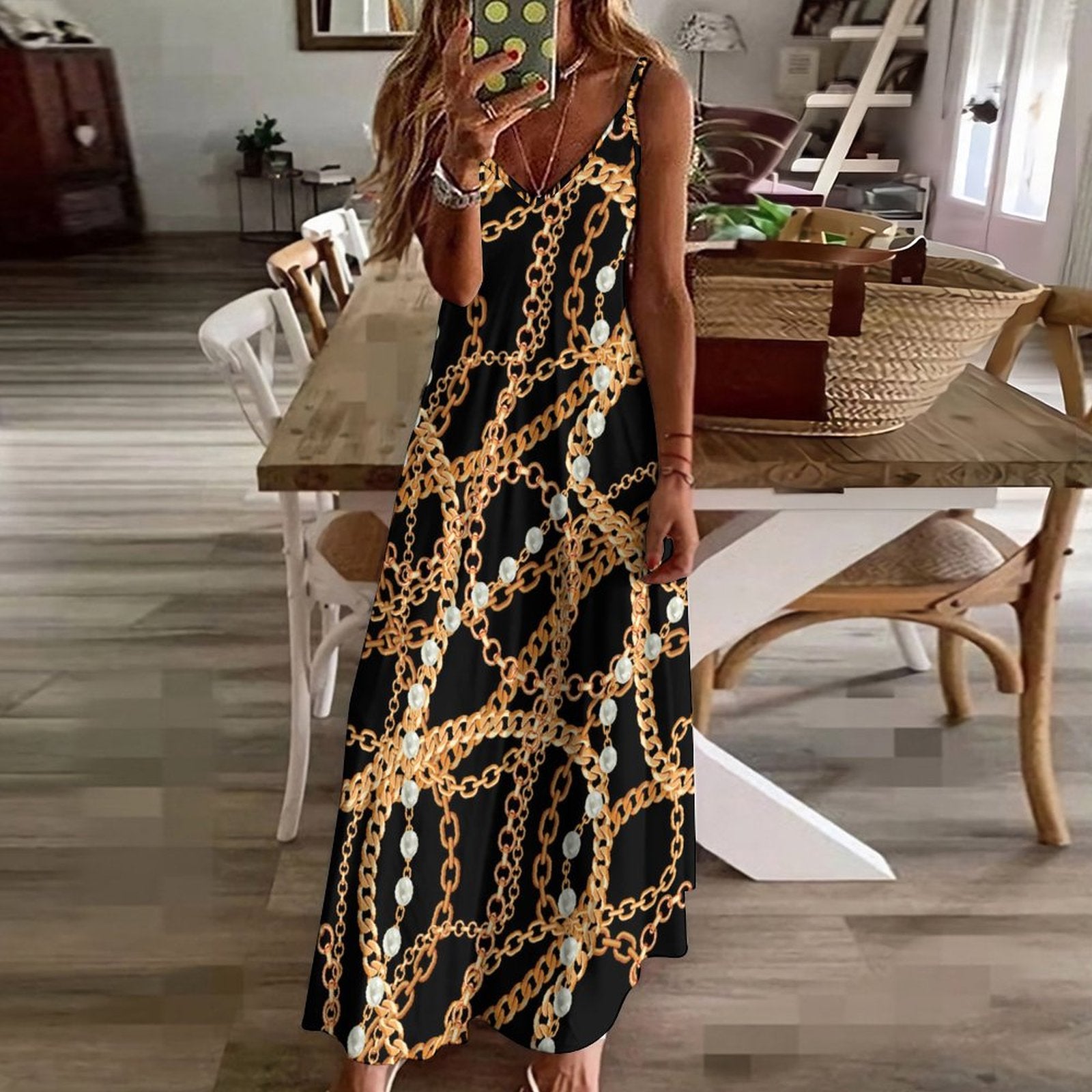 Chic Chain & Pearl Print V-Neck Spaghetti Strap Maxi Dress