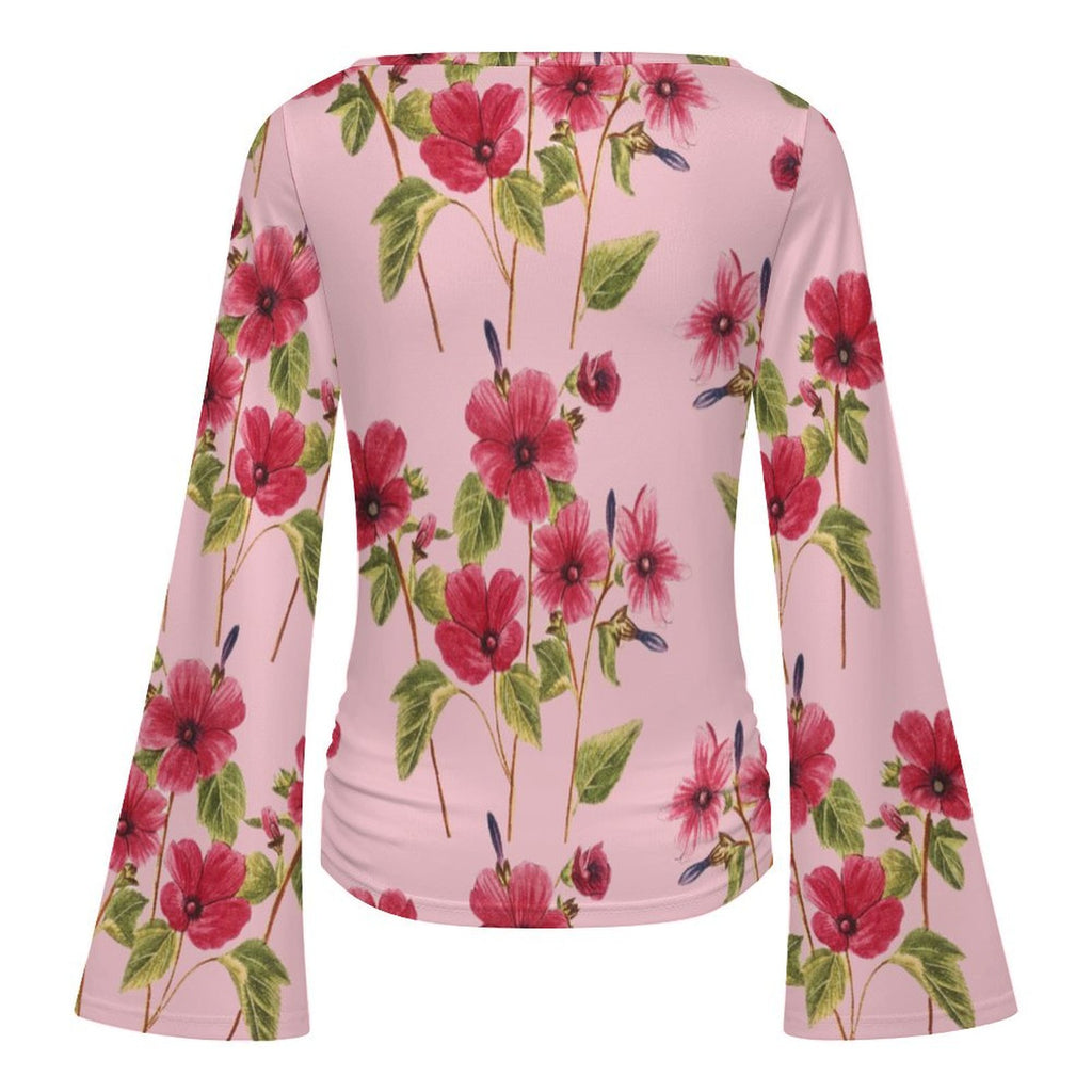 Women's Elegant Floral Print Boat Neck Bell Sleeve T-Shirt - Spring/Summer Chic Casual Top