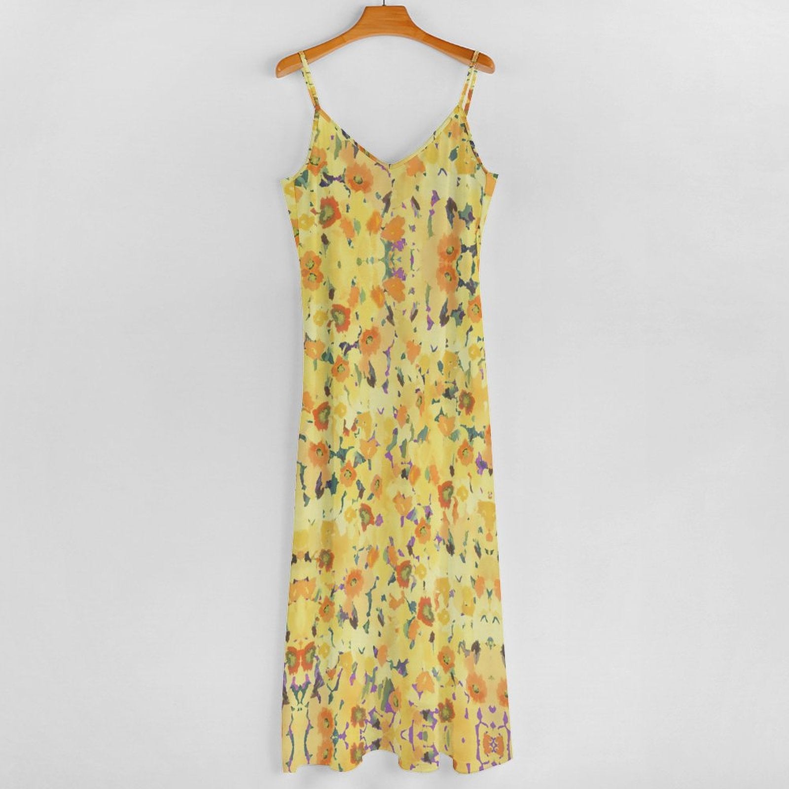 Summer Bohemian Sunflower Print Spaghetti Strap Maxi Dress | V-Neck Casual Flowy Ankle-Length Beach Sundress