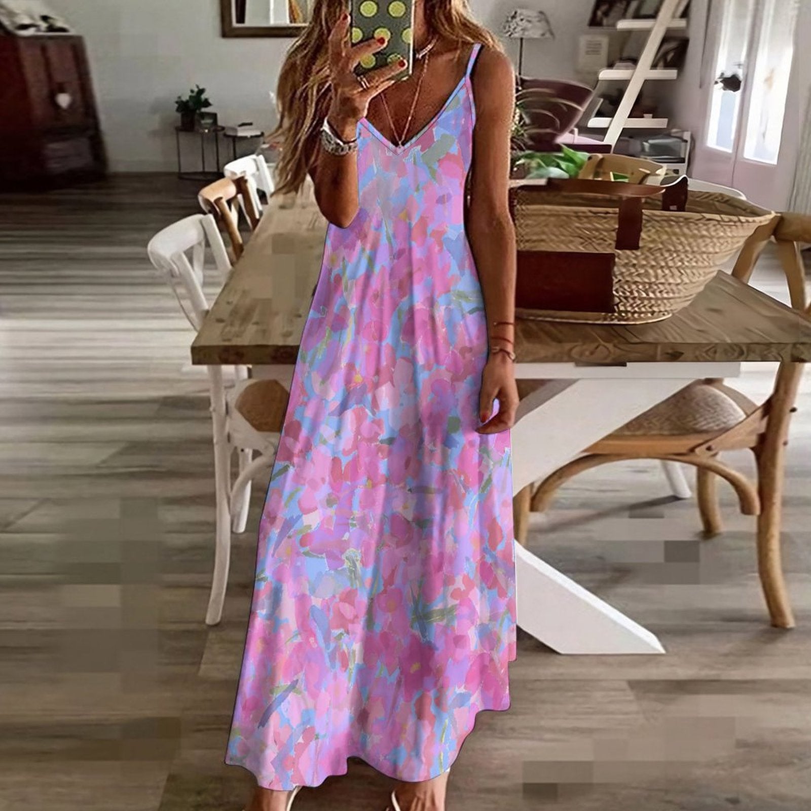 Summer Bohemian Floral Print Spaghetti Strap Maxi Dress V-Neck Casual Flowy Ankle-Length Beach Dress