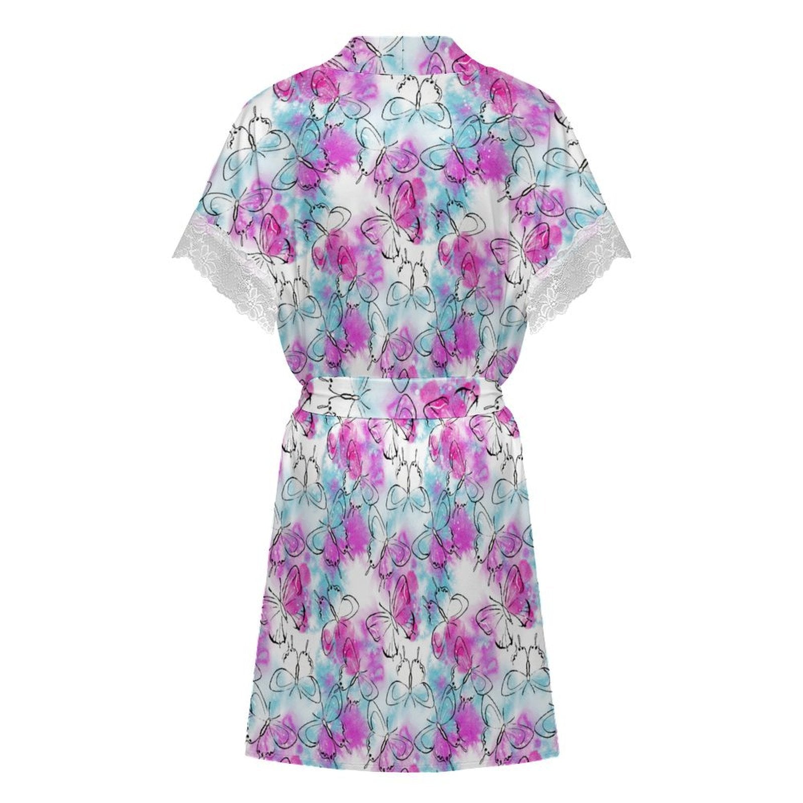 Women's Watercolor Butterfly Print Robe with Lace Trim, Short Sleeve Belted Loungewear