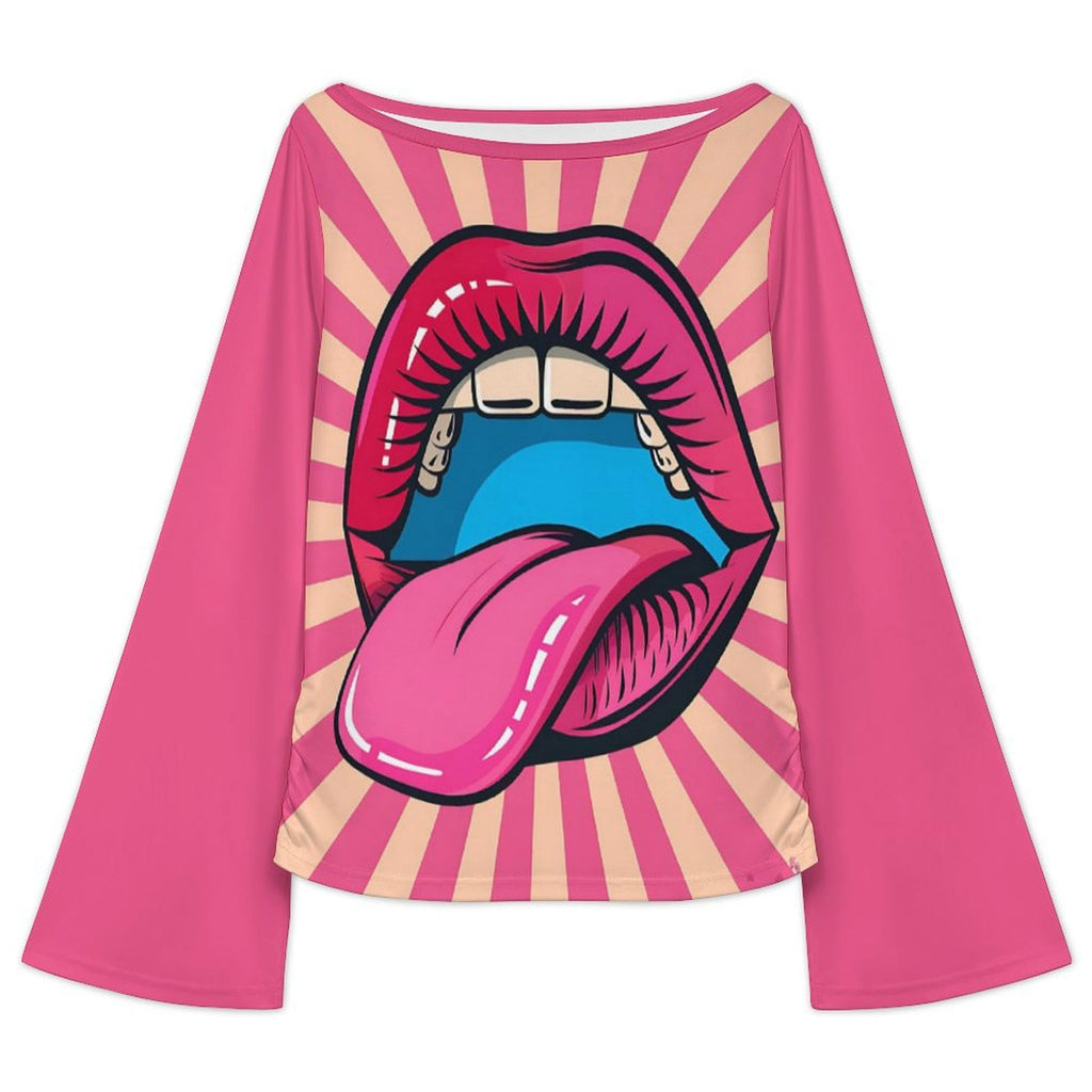 Women's Fashion Boat Neck Bell Sleeve T-Shirt - Fun Pop Art Lip Print Casual Top