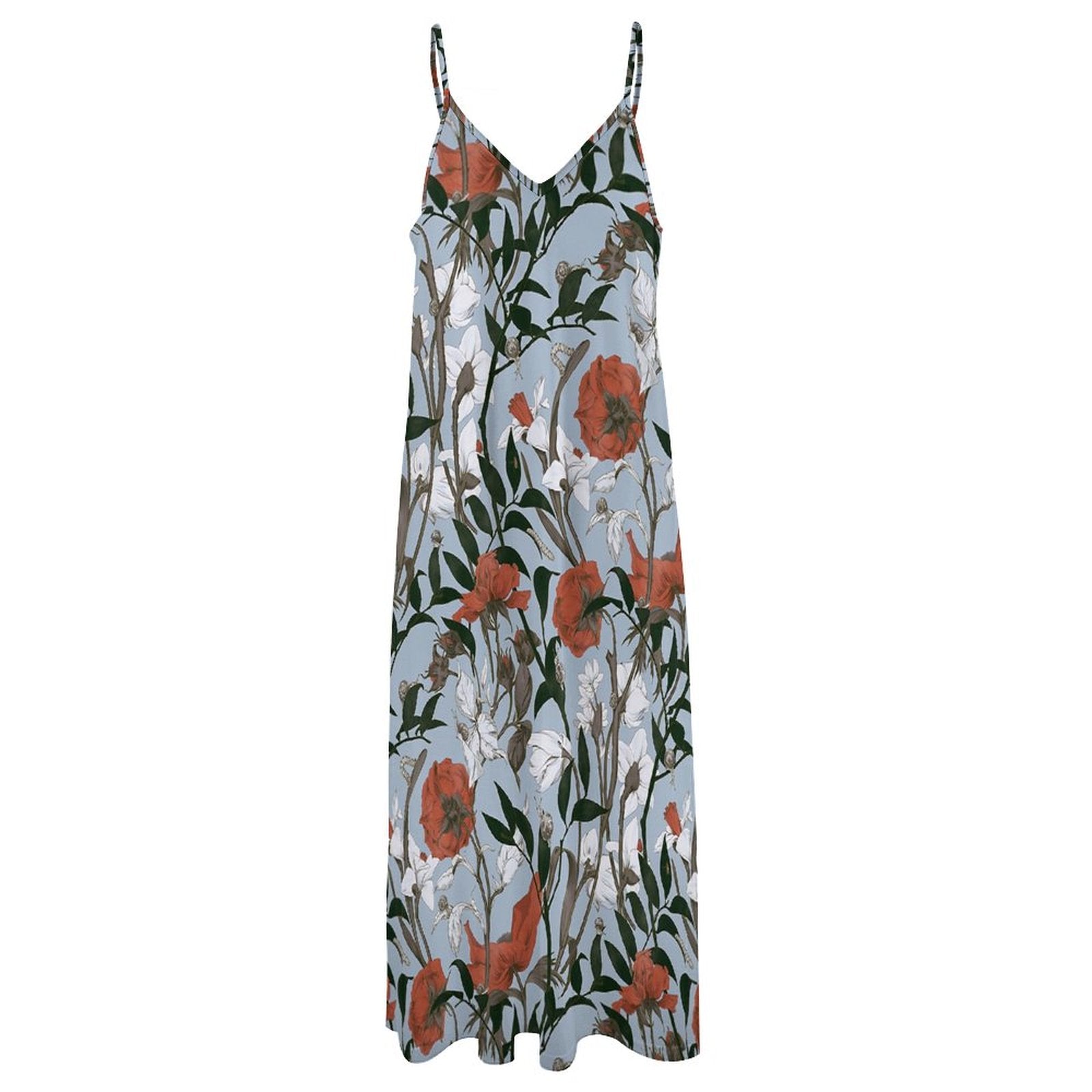 Vintage Floral Print V-Neck Spaghetti Strap Maxi Dress Summer Beach Bohemian Ankle-Length Gown