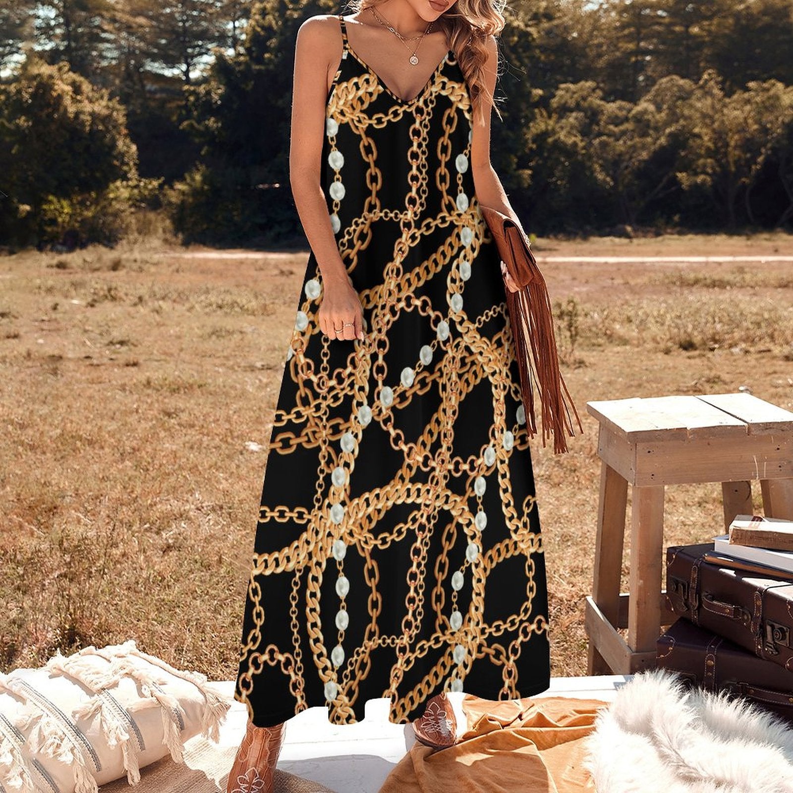 Chic Chain & Pearl Print V-Neck Spaghetti Strap Maxi Dress