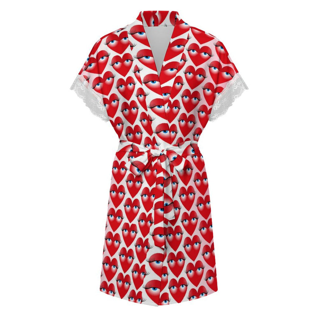 Women's Playful Heart with Eyes Print Robe, Lace Trim Short Sleeve Loungewear