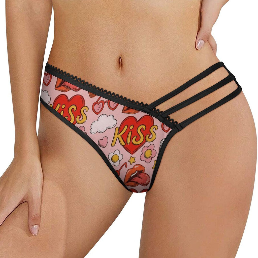 Women's Strappy Low-Rise Panties - Sexy Milk Silk & Mesh Lingerie with "KISS" Heart Print, Elastic Cut-out Briefs