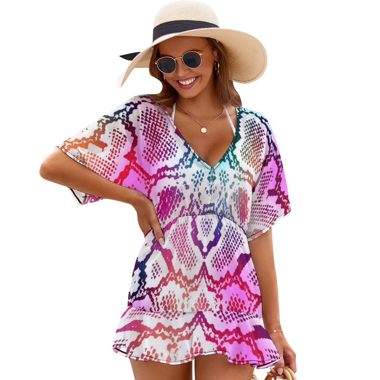 Tropical Garden Print V-Neck Cover-Up Dress | Colorful Summer Ruffle Beachwear
