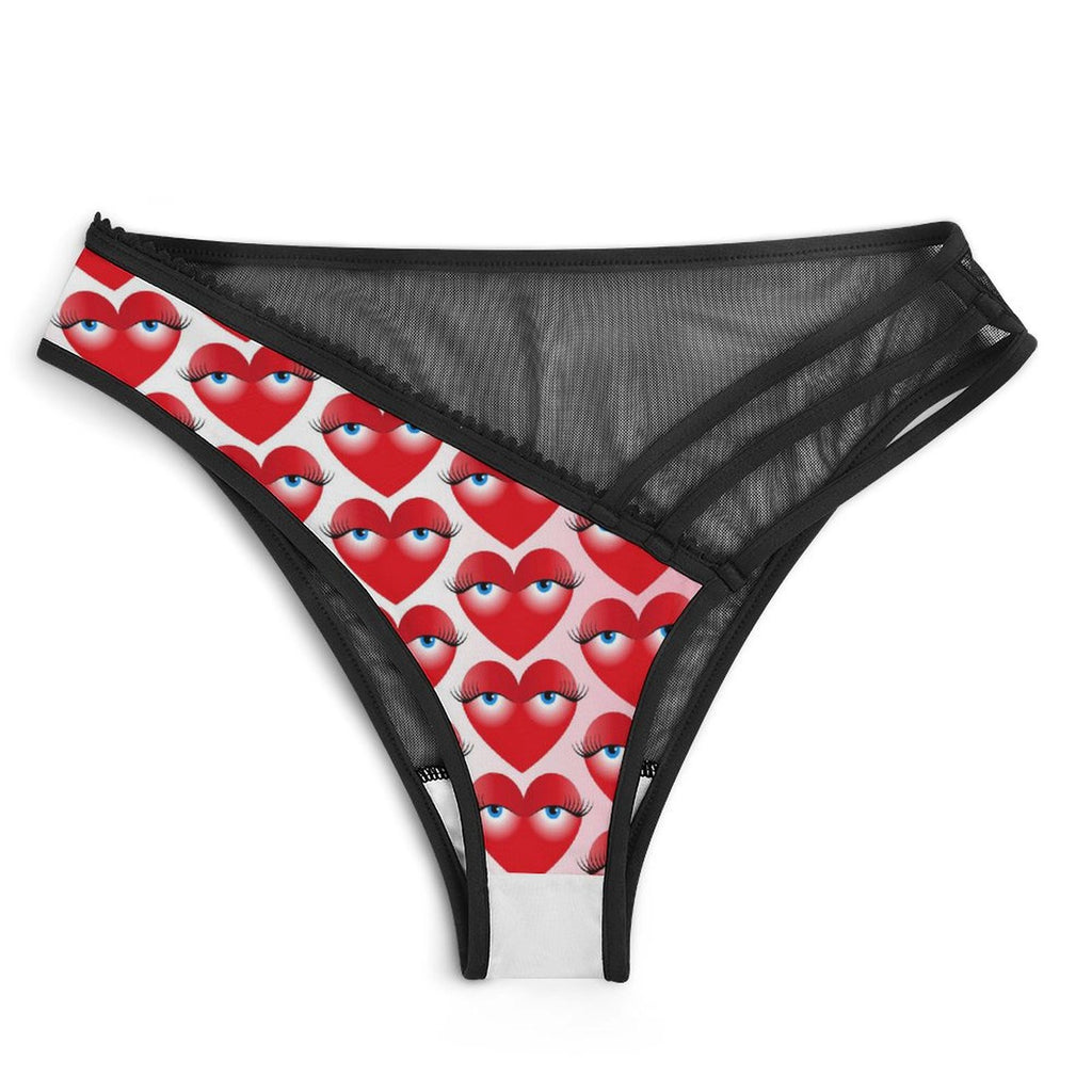 Women's Seductive Strappy Panties - Playful "Heart Eyes" Print Lingerie, Premium Milk Silk & Breathable Mesh Cut-out Briefs