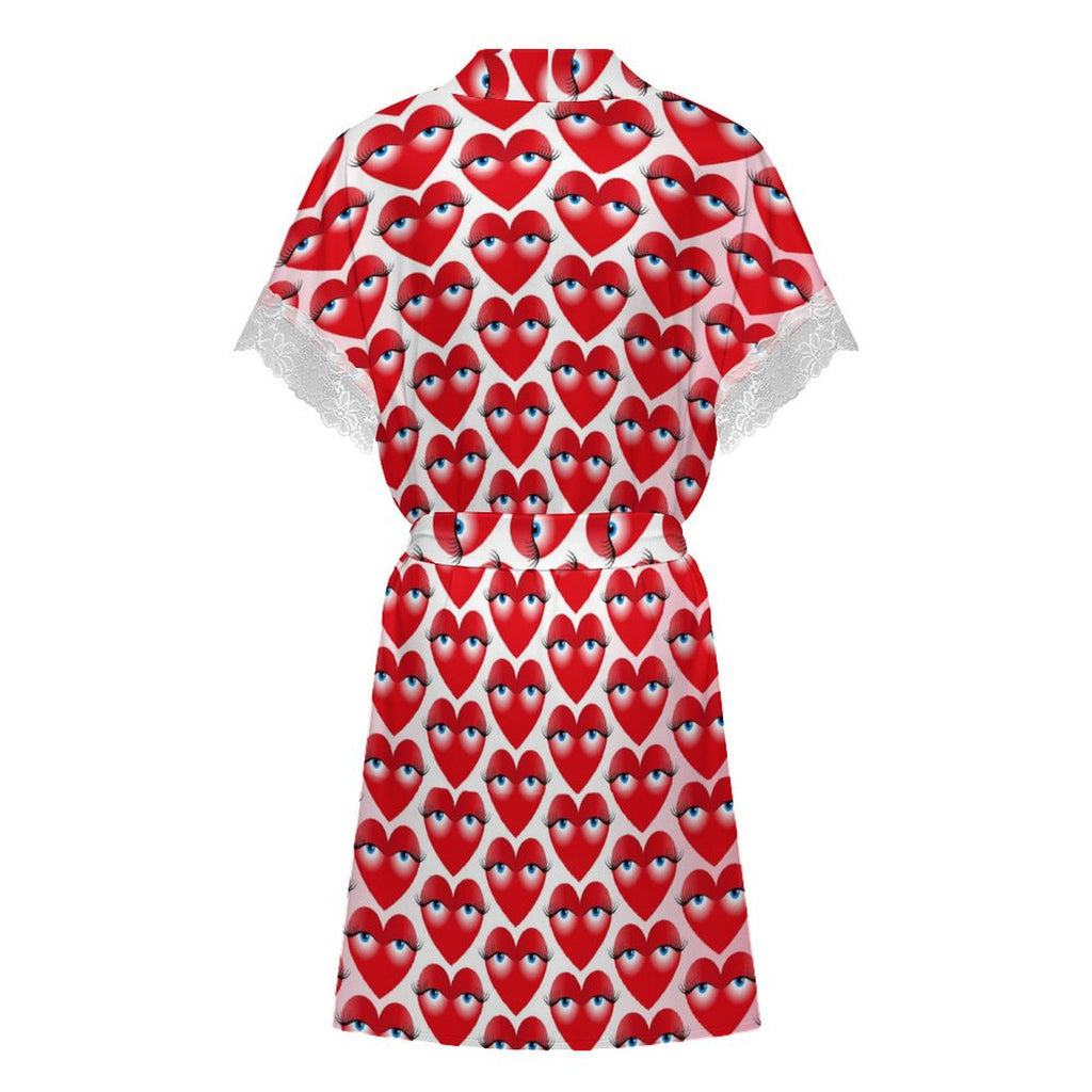 Women's Playful Heart with Eyes Print Robe, Lace Trim Short Sleeve Loungewear