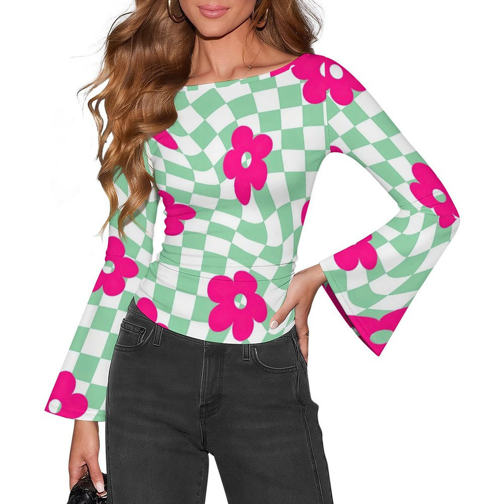 Women's Retro Checkerboard Floral Print Boat Neck Bell Sleeve T-Shirt - Trendy Casual Top