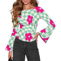 Women's Retro Checkerboard Floral Print Boat Neck Bell Sleeve T-Shirt - Trendy Casual Top