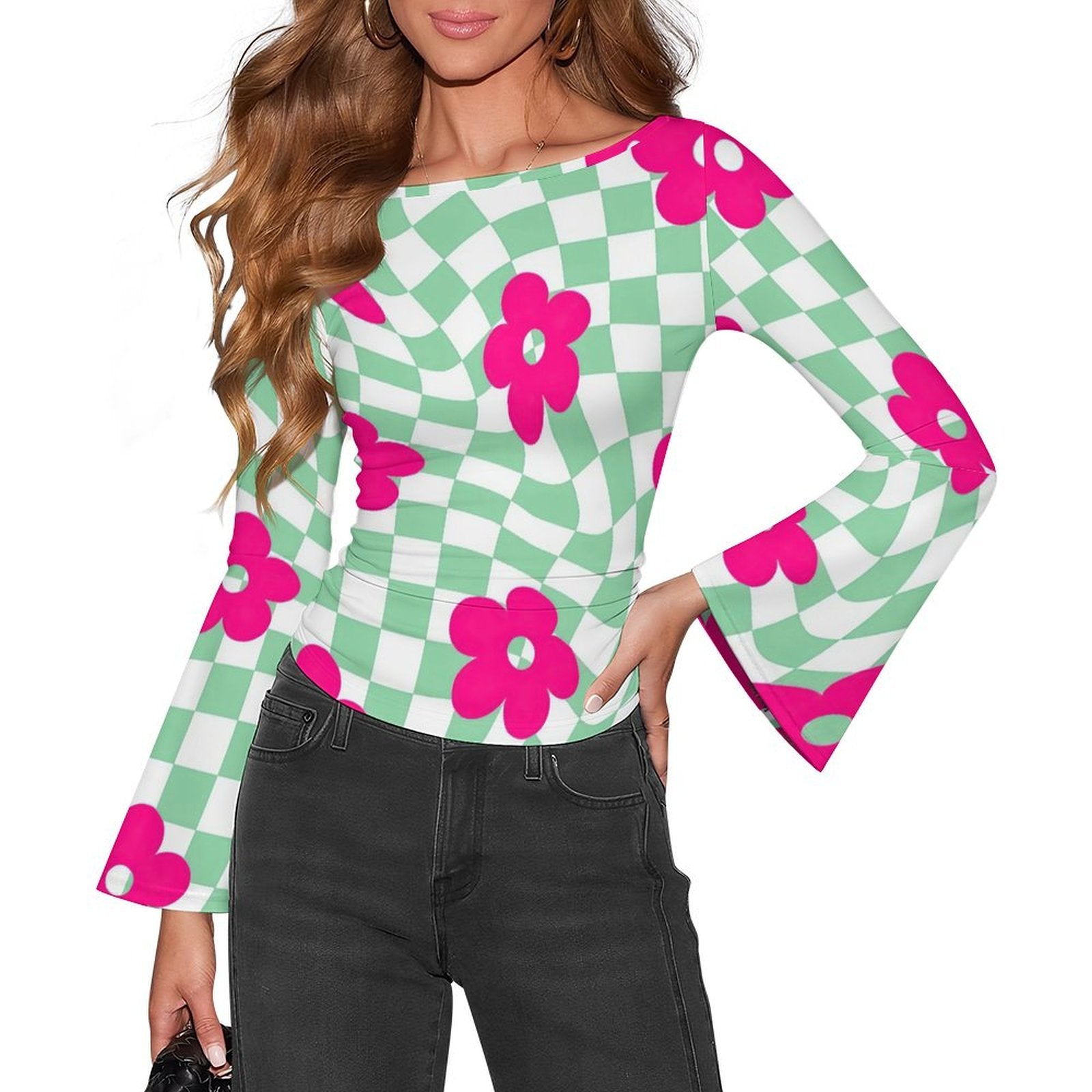 Women's Retro Checkerboard Floral Print Boat Neck Bell Sleeve T-Shirt - Trendy Casual Top
