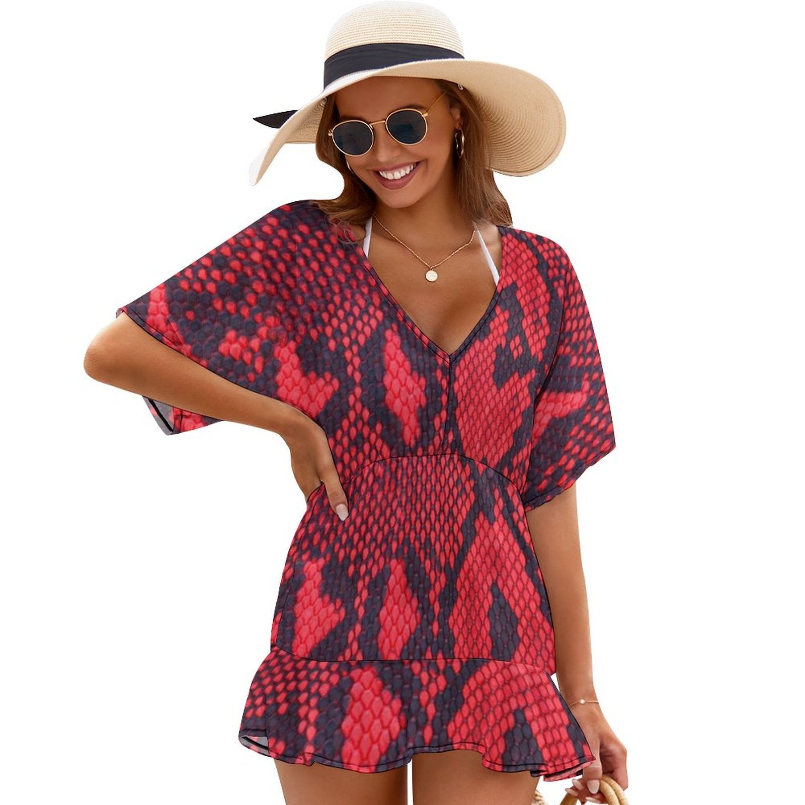 Rainbow Snake Print Cover-Up Dress | V-Neck Ruffle Hem Beachwear | Festival Party Style