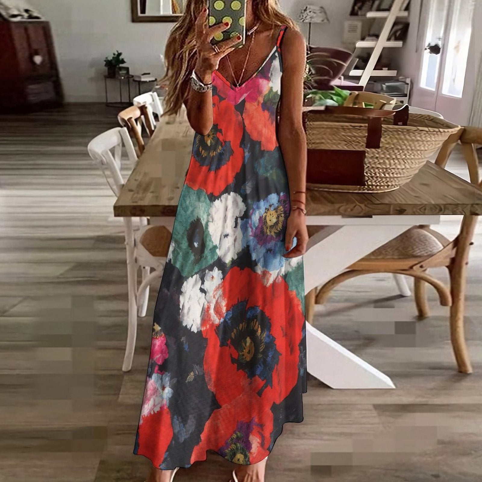 Summer Retro Artistic Red Floral Print Spaghetti Strap Maxi Dress | V-Neck Casual Flowy Ankle-Length Beach Sundress