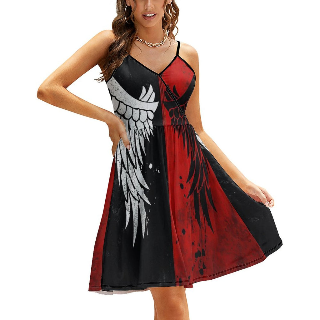 Gothic Angel Wing Graphic Dress - Red & Black Color Block Spaghetti Strap Mini Dress