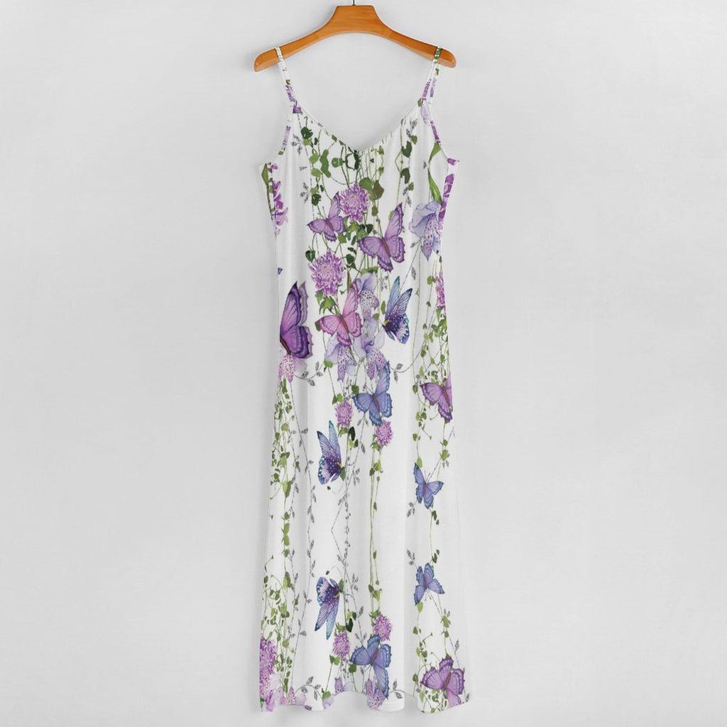 Whimsical Garden Butterfly & Floral Print V-Neck Spaghetti Strap Maxi Dress