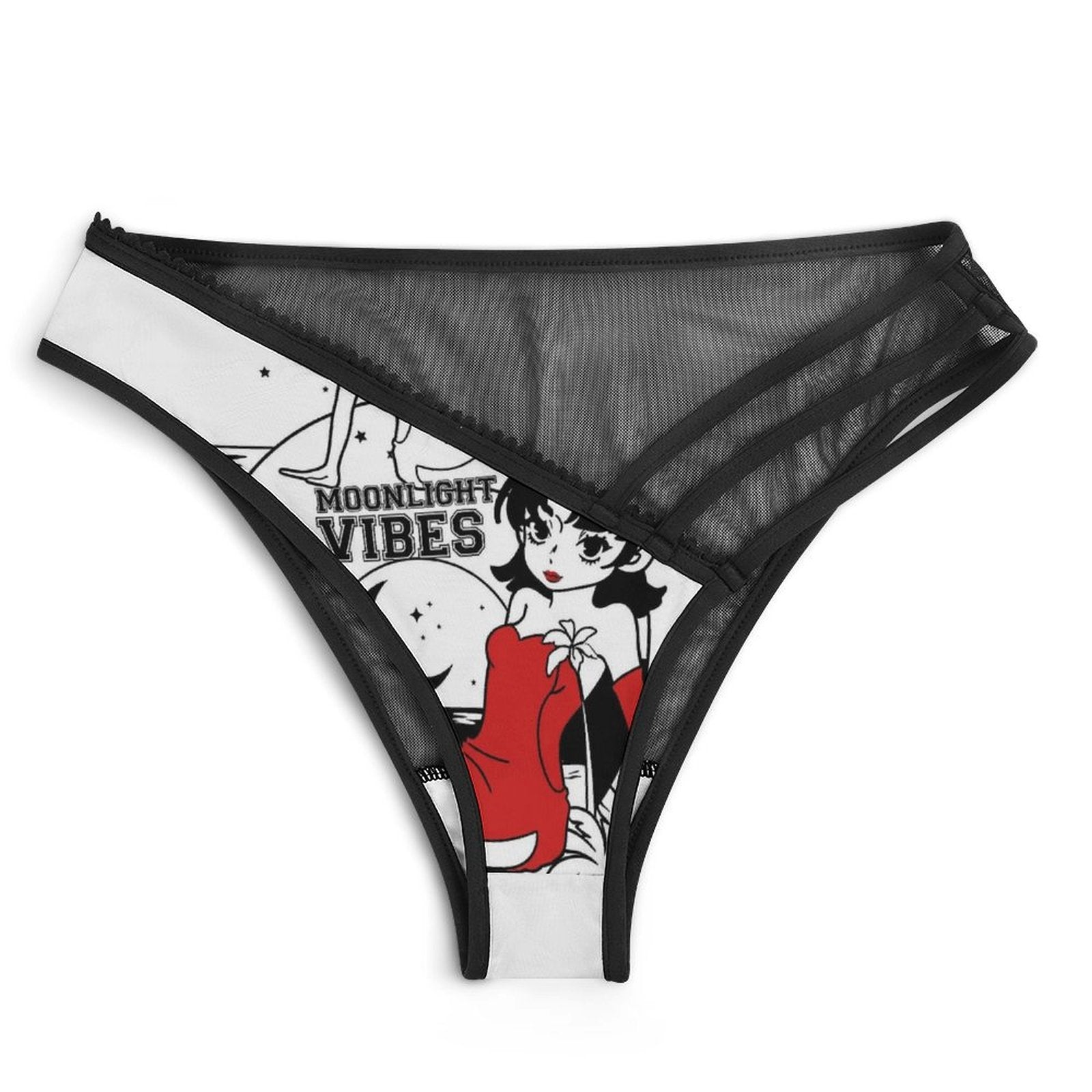 Women's Sexy Strappy Lingerie - Retro Anime Girl "Moonlight Vibes" Print Panties, Milk Silk & Mesh Cut-out Briefs