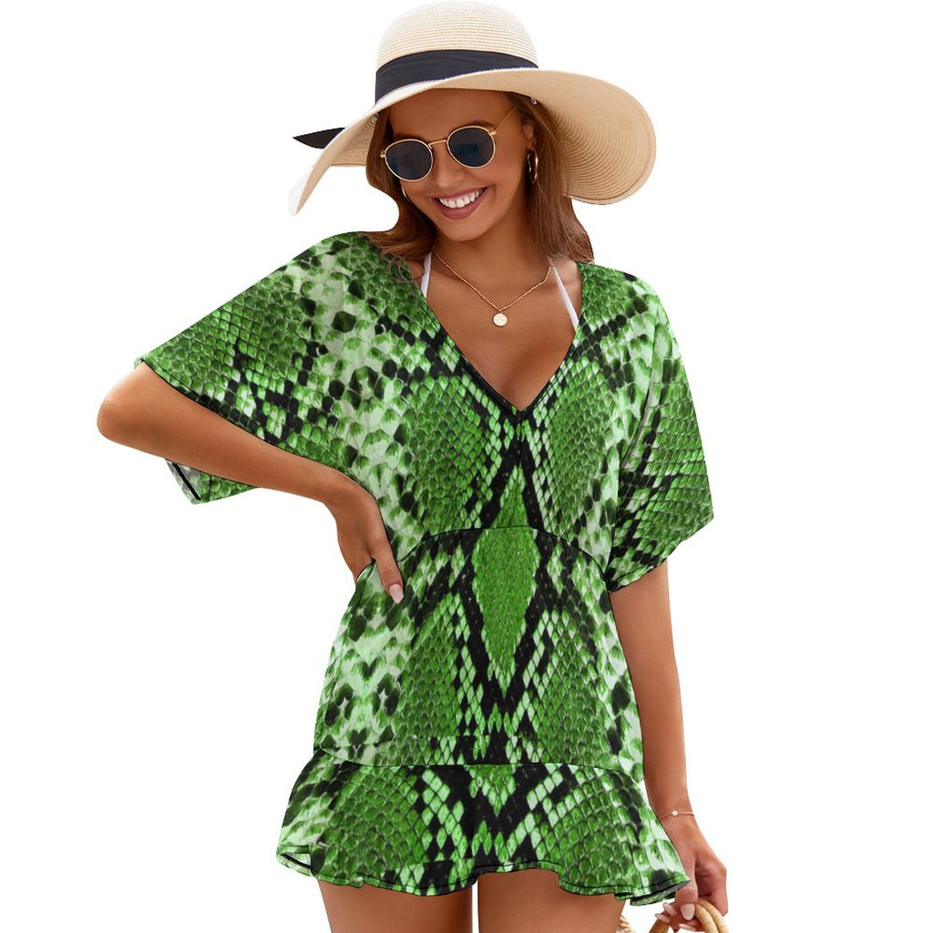 Sunset Tie-Dye Print V-Neck Cover-Up Dress | Warm Tone Ruffle Hem Beachwear