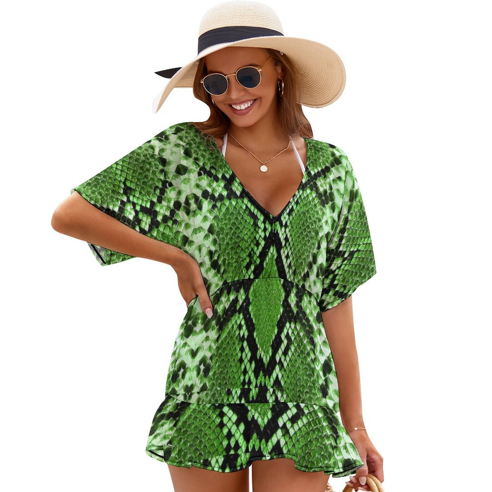 Sunset Tie-Dye Print V-Neck Cover-Up Dress | Warm Tone Ruffle Hem Beachwear