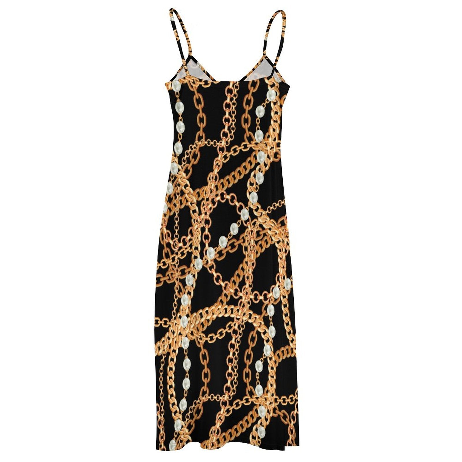 Chic Chain & Pearl Print V-Neck Spaghetti Strap Maxi Dress