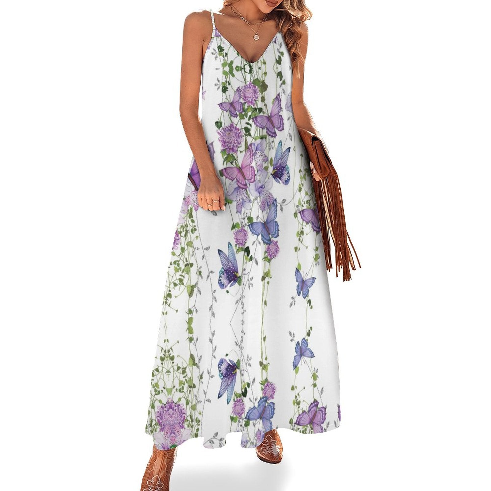 Whimsical Garden Butterfly & Floral Print V-Neck Spaghetti Strap Maxi Dress
