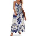 Vintage Blue and White Porcelain Print Long Sleeve Shirt Dress | Collared Button-Down Flowy Maxi Dress