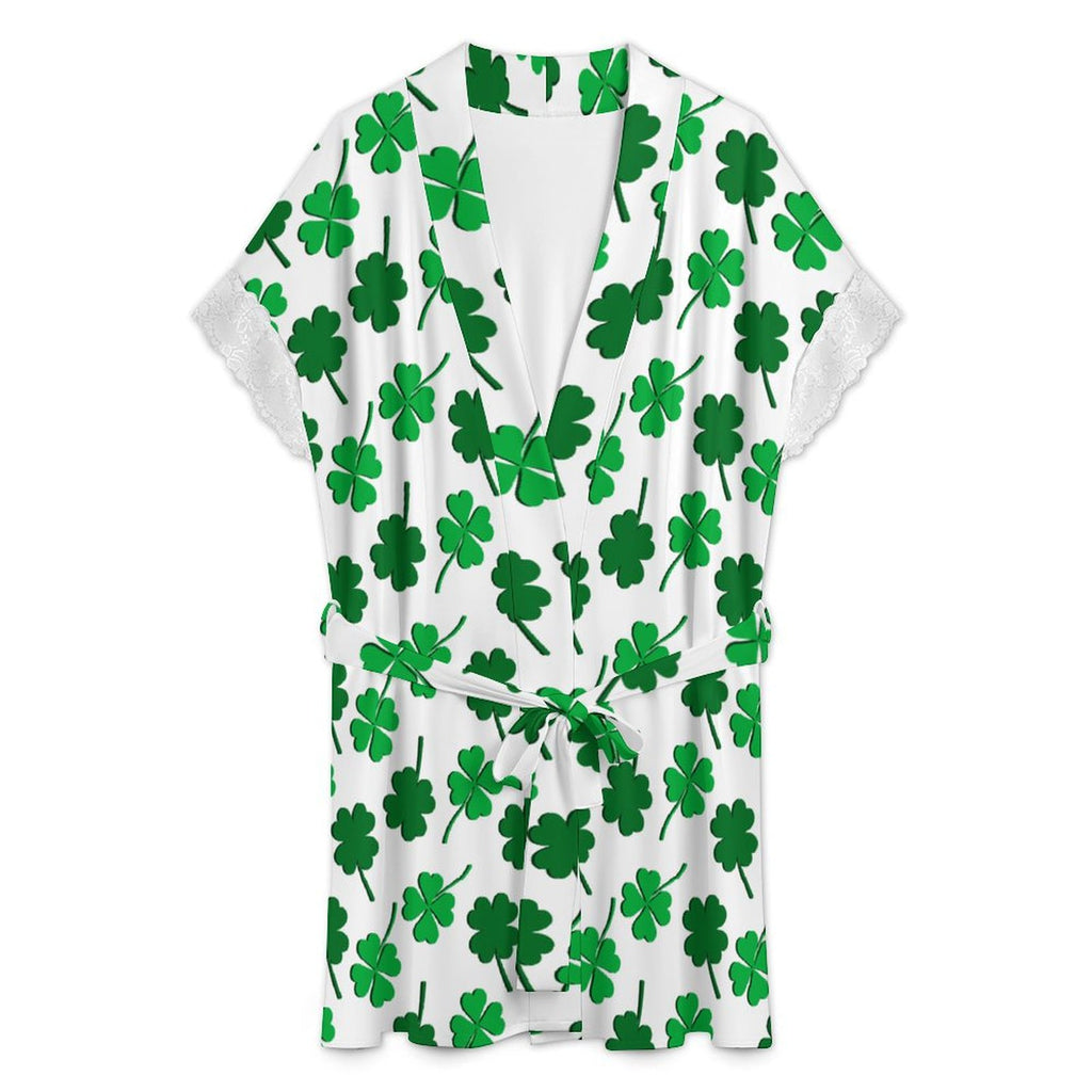 Women's Shamrock Print Robe with Lace Trim, Short Sleeve Belted Loungewear