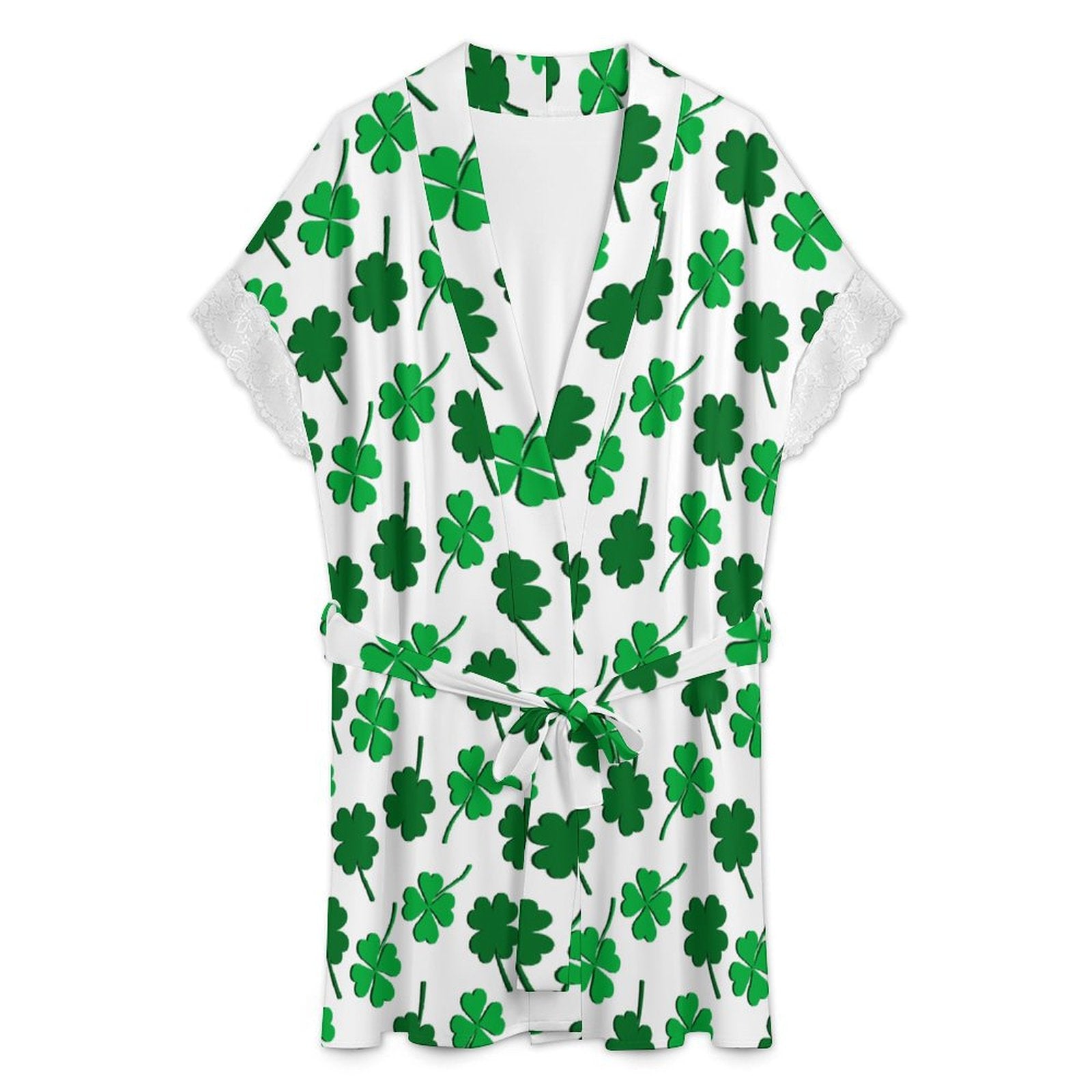 Women's Shamrock Print Robe with Lace Trim, Short Sleeve Belted Loungewear