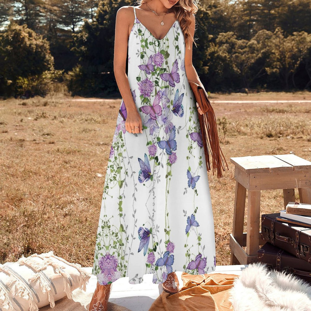 Whimsical Garden Butterfly & Floral Print V-Neck Spaghetti Strap Maxi Dress