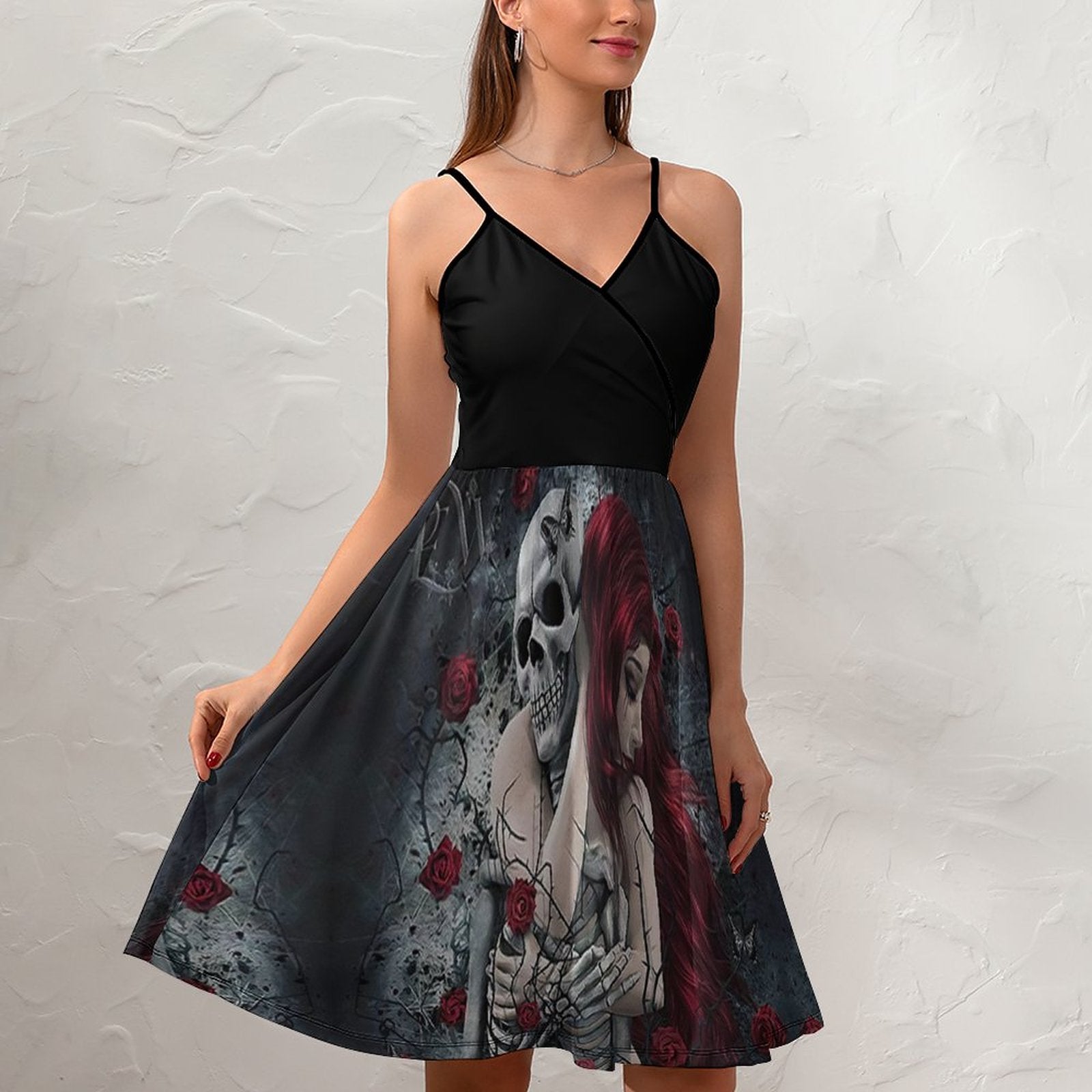 "Eternal Embrace" Gothic Skull & Rose Print Cami Dress