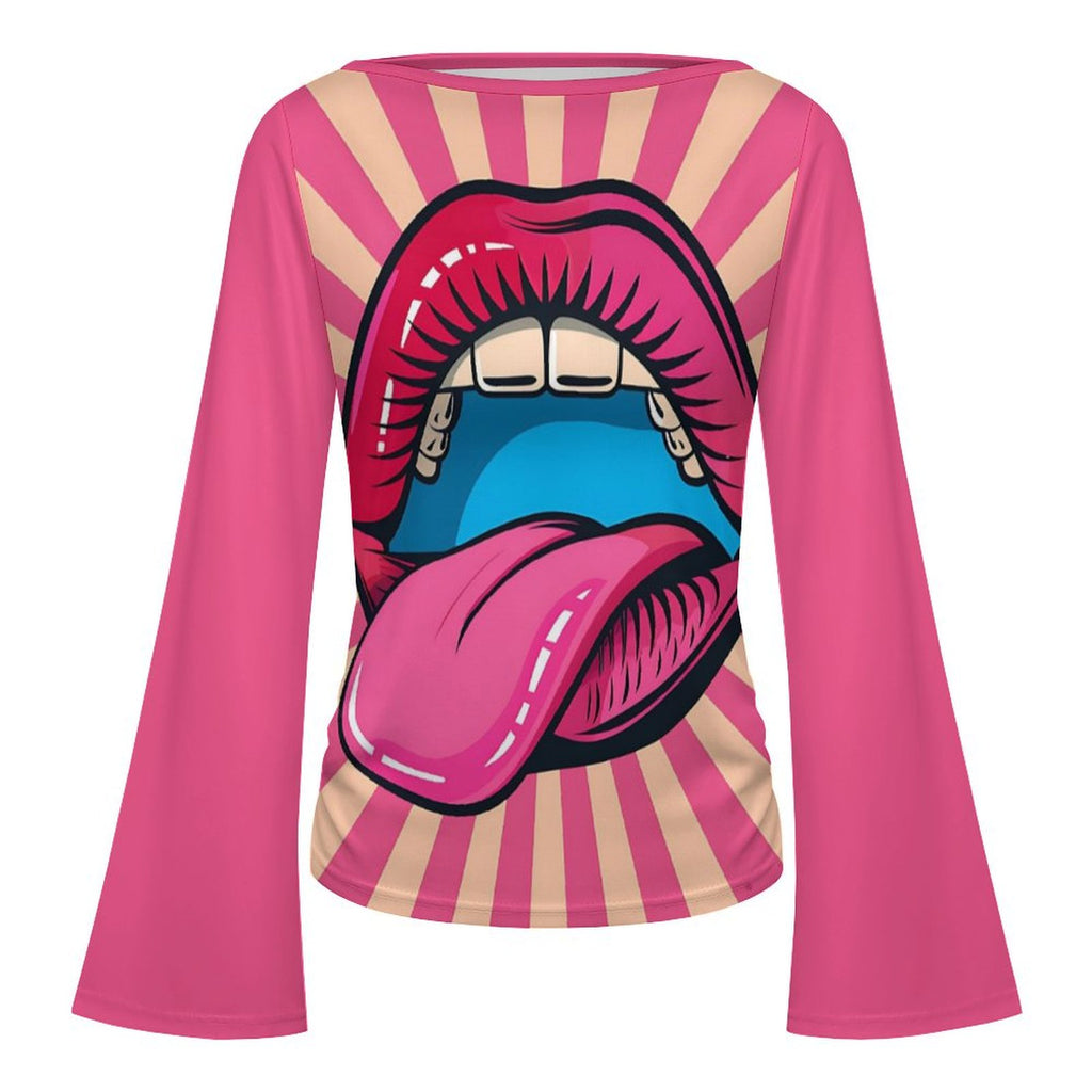 Women's Fashion Boat Neck Bell Sleeve T-Shirt - Fun Pop Art Lip Print Casual Top