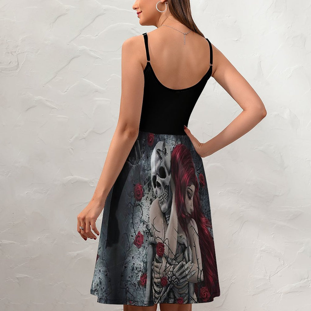 "Eternal Embrace" Gothic Skull & Rose Print Cami Dress