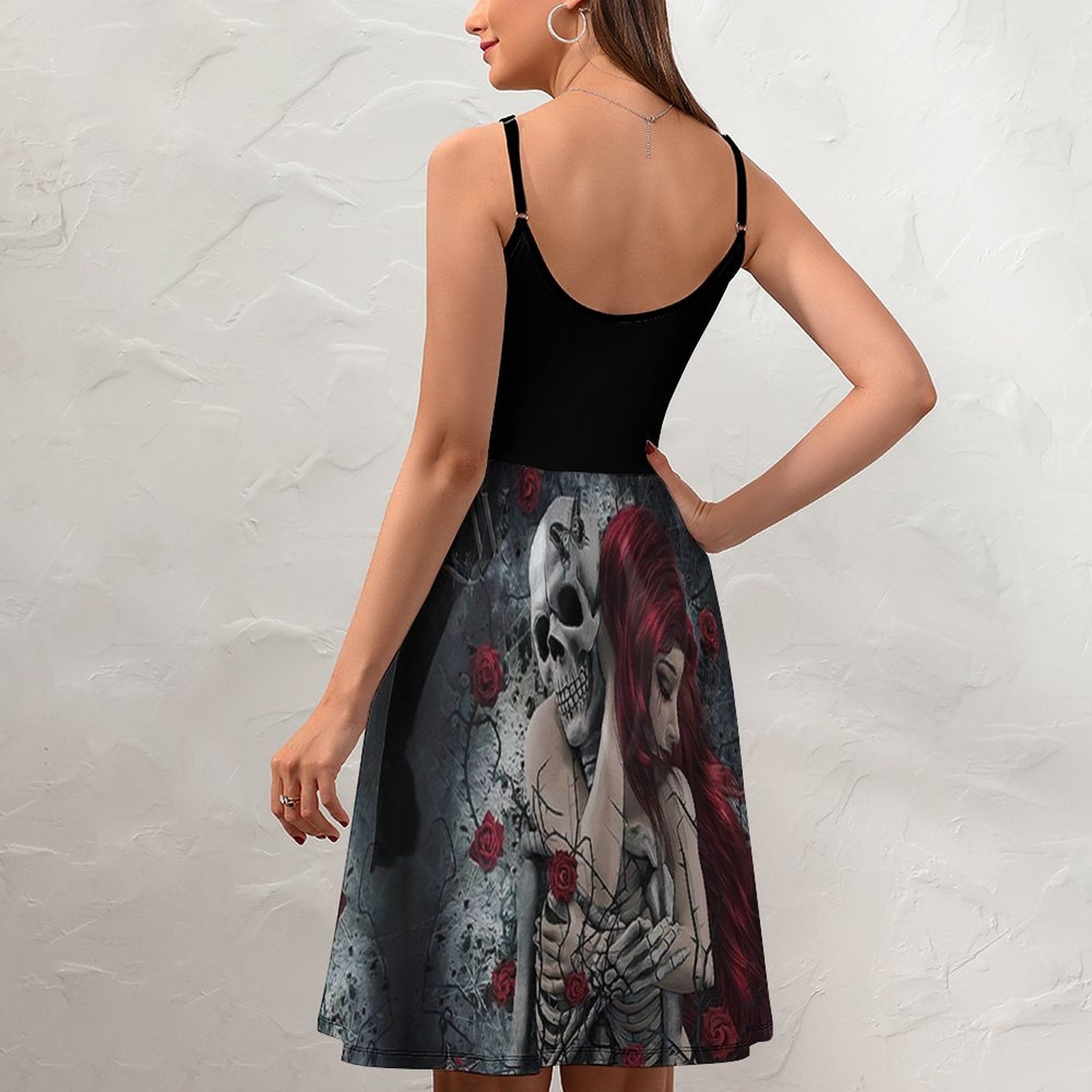 "Eternal Embrace" Gothic Skull & Rose Print Cami Dress