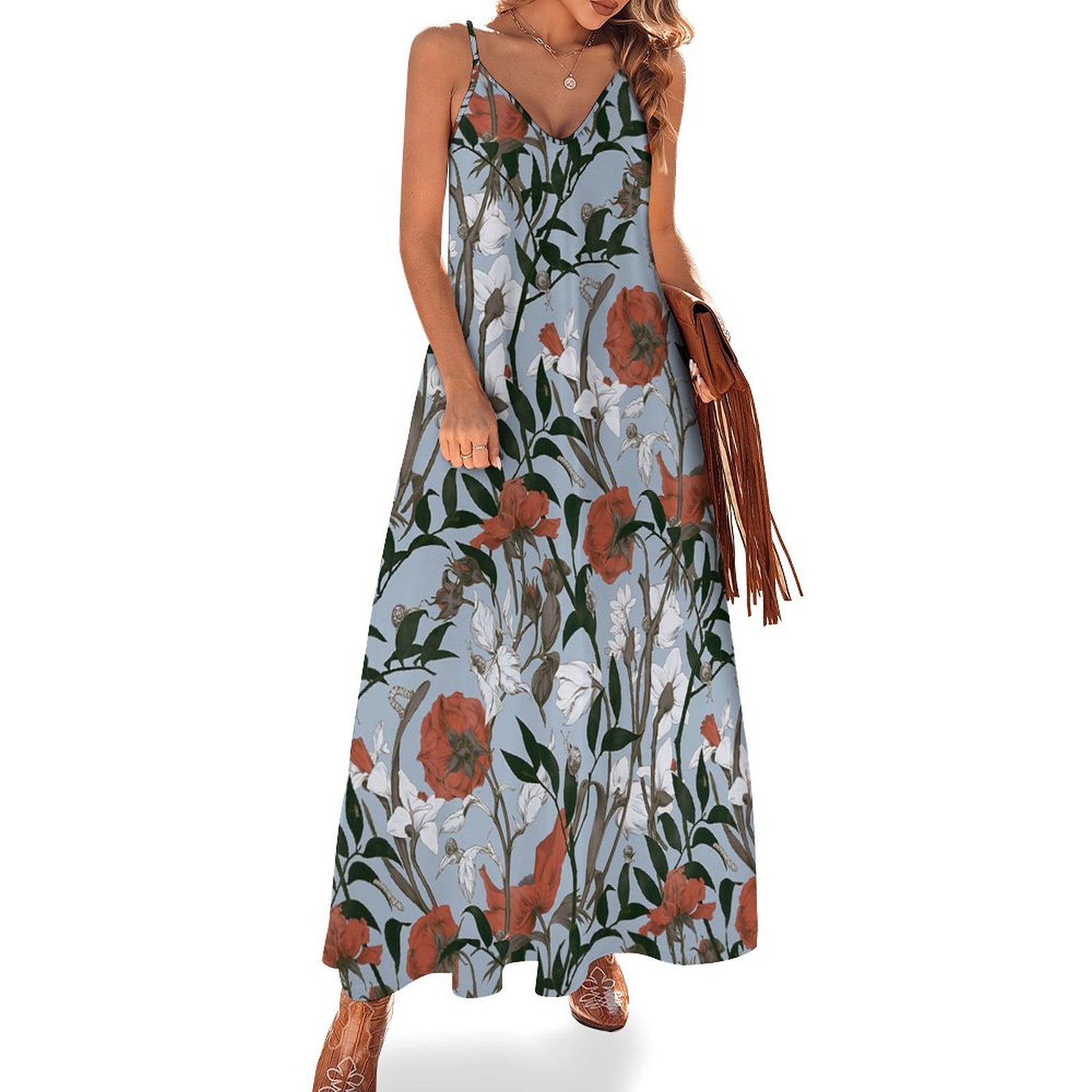 Vintage Floral Print V-Neck Spaghetti Strap Maxi Dress Summer Beach Bohemian Ankle-Length Gown