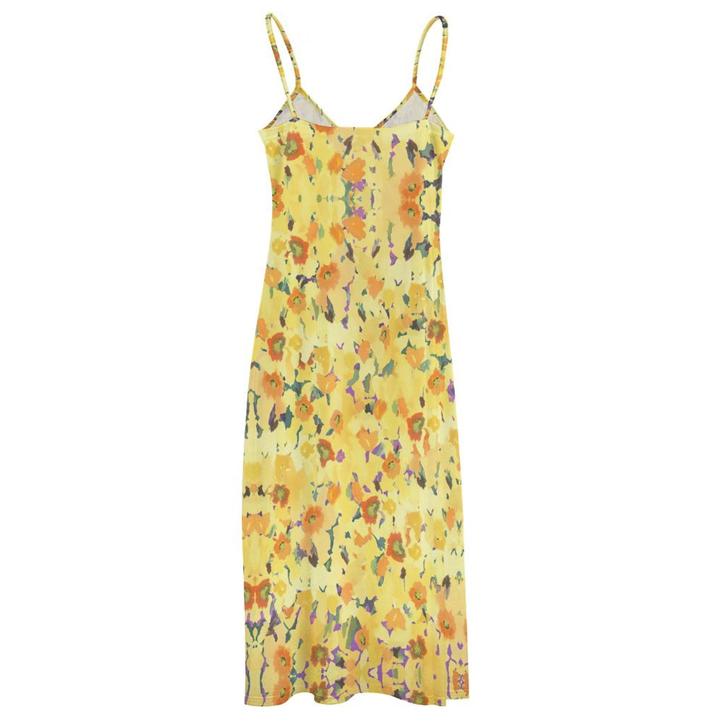 Summer Bohemian Sunflower Print Spaghetti Strap Maxi Dress | V-Neck Casual Flowy Ankle-Length Beach Sundress