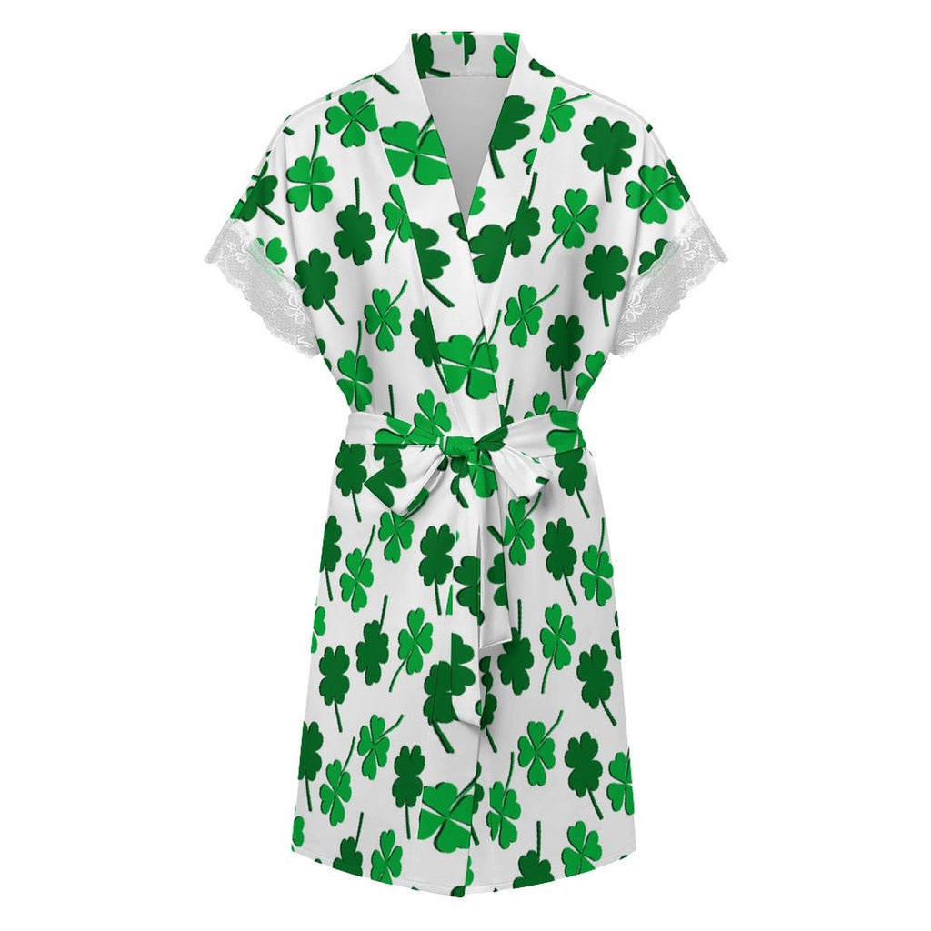 Women's Shamrock Print Robe with Lace Trim, Short Sleeve Belted Loungewear
