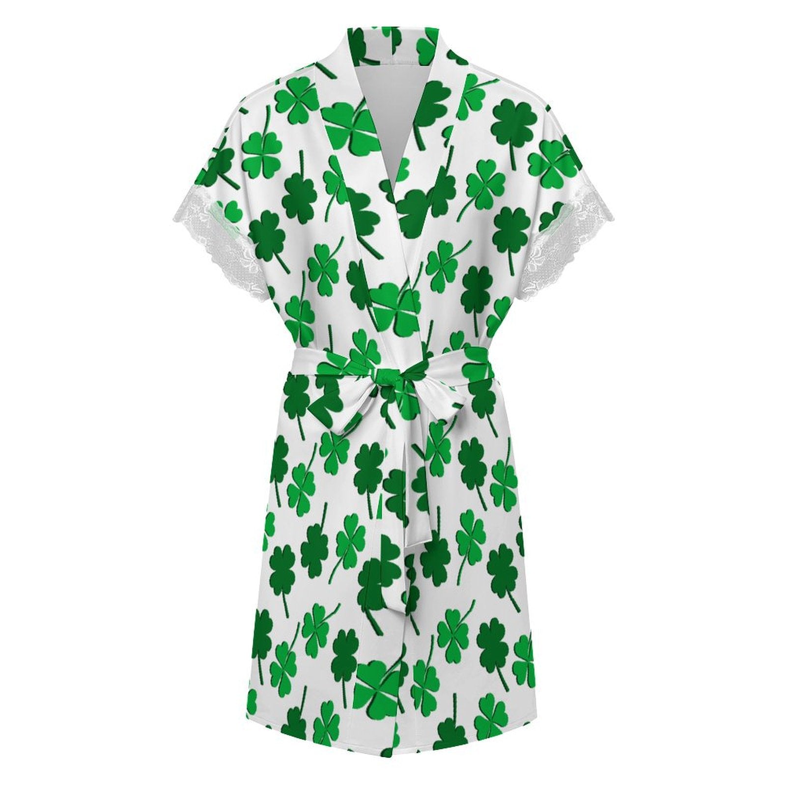 Women's Shamrock Print Robe with Lace Trim, Short Sleeve Belted Loungewear