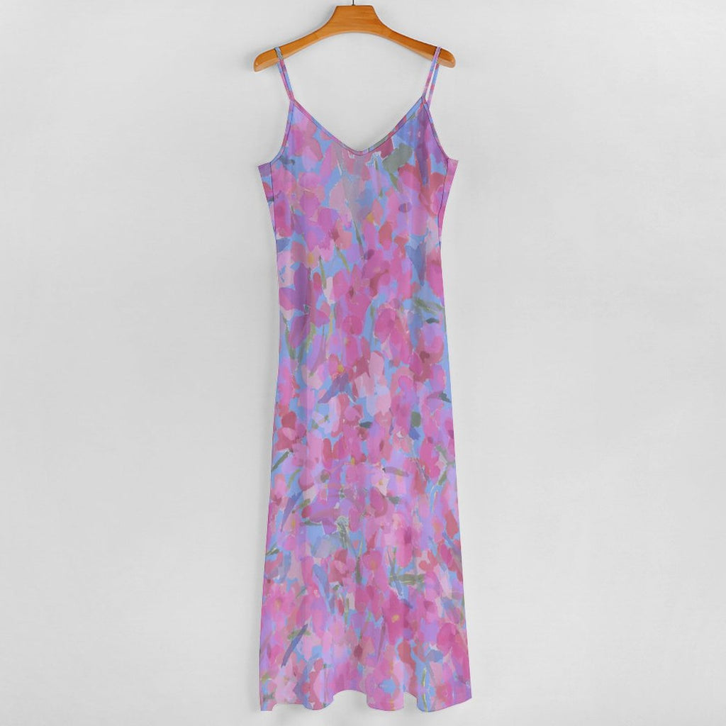 Summer Bohemian Floral Print Spaghetti Strap Maxi Dress V-Neck Casual Flowy Ankle-Length Beach Dress